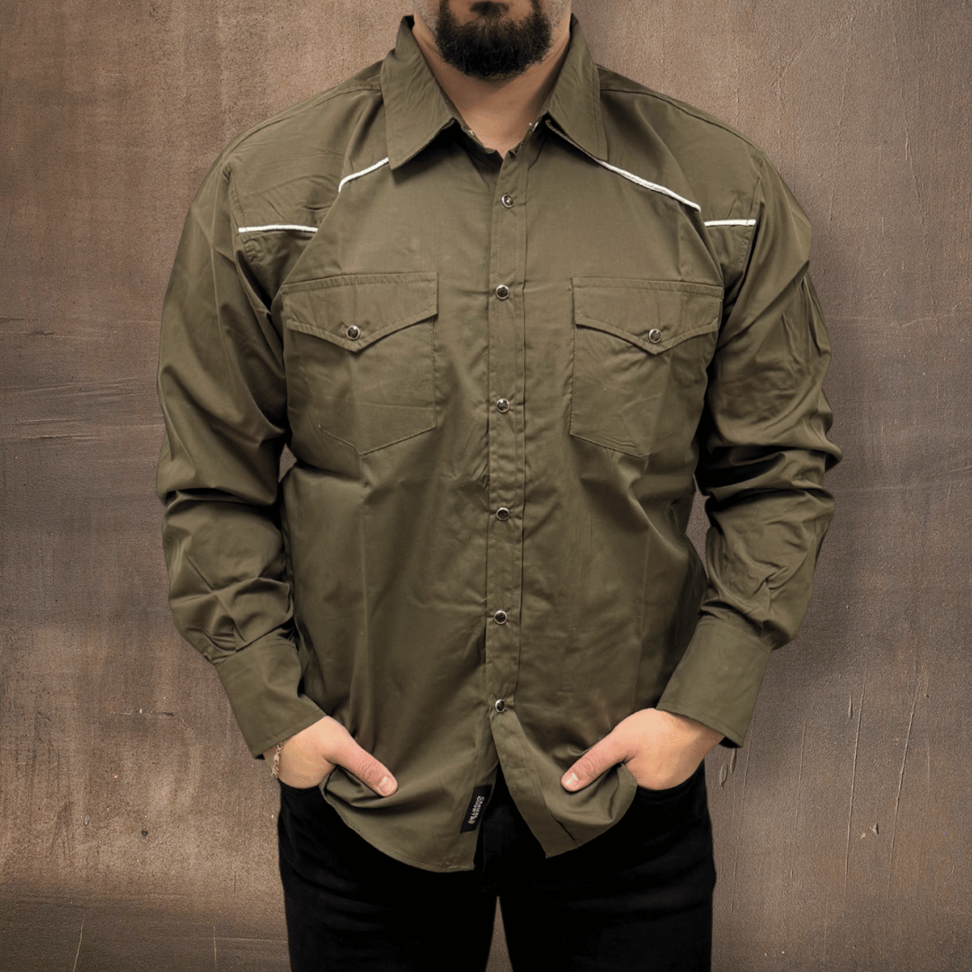 RODEO WESTERN SHIRTS: SOLID TAUPE OLIVE GREEN WHITE TRIM